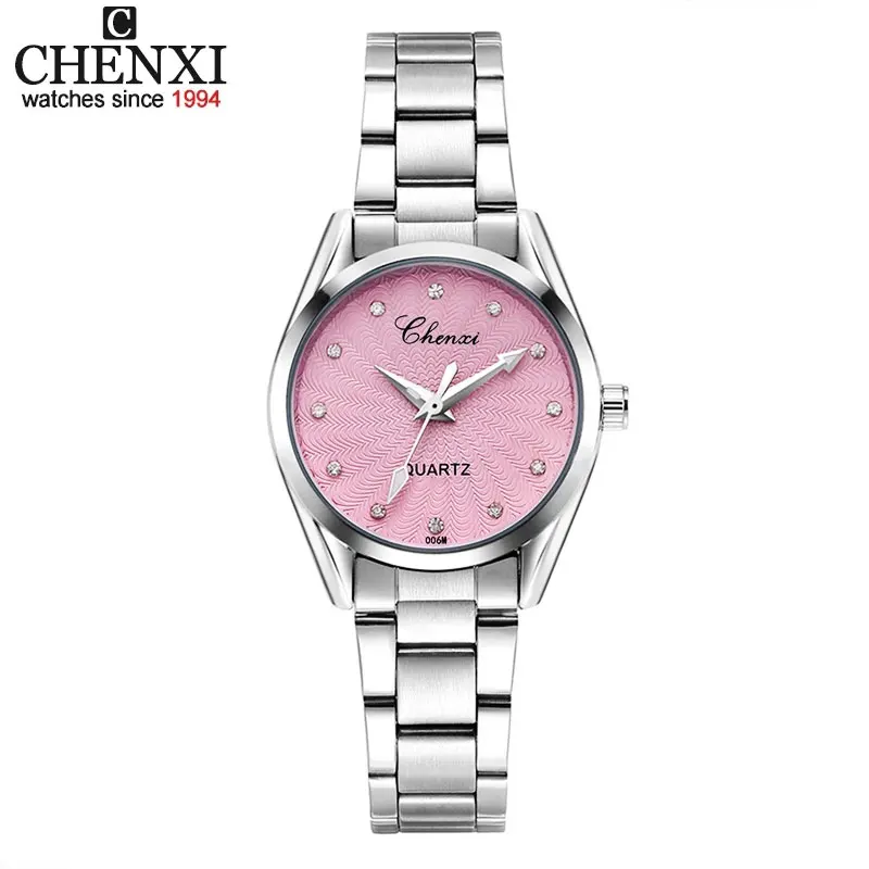 Chenxi senhoras relógio de pulso de quartzo redondo rosa strass dial marca feminina à prova dwaterproof água aço inoxidável relógio feminino vestido