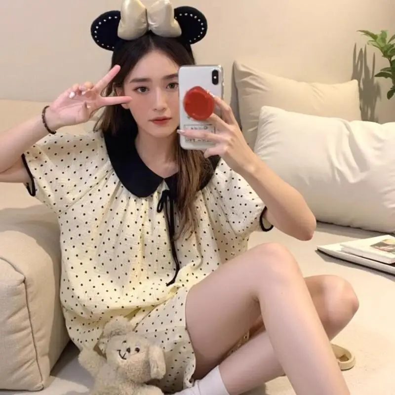 

Women's Pajama Set Fashion Homewear Doll Collar Set Cotton Teen Girls Home Outdoor Wear Summer Sweet Cute Polka Dots 2025 New