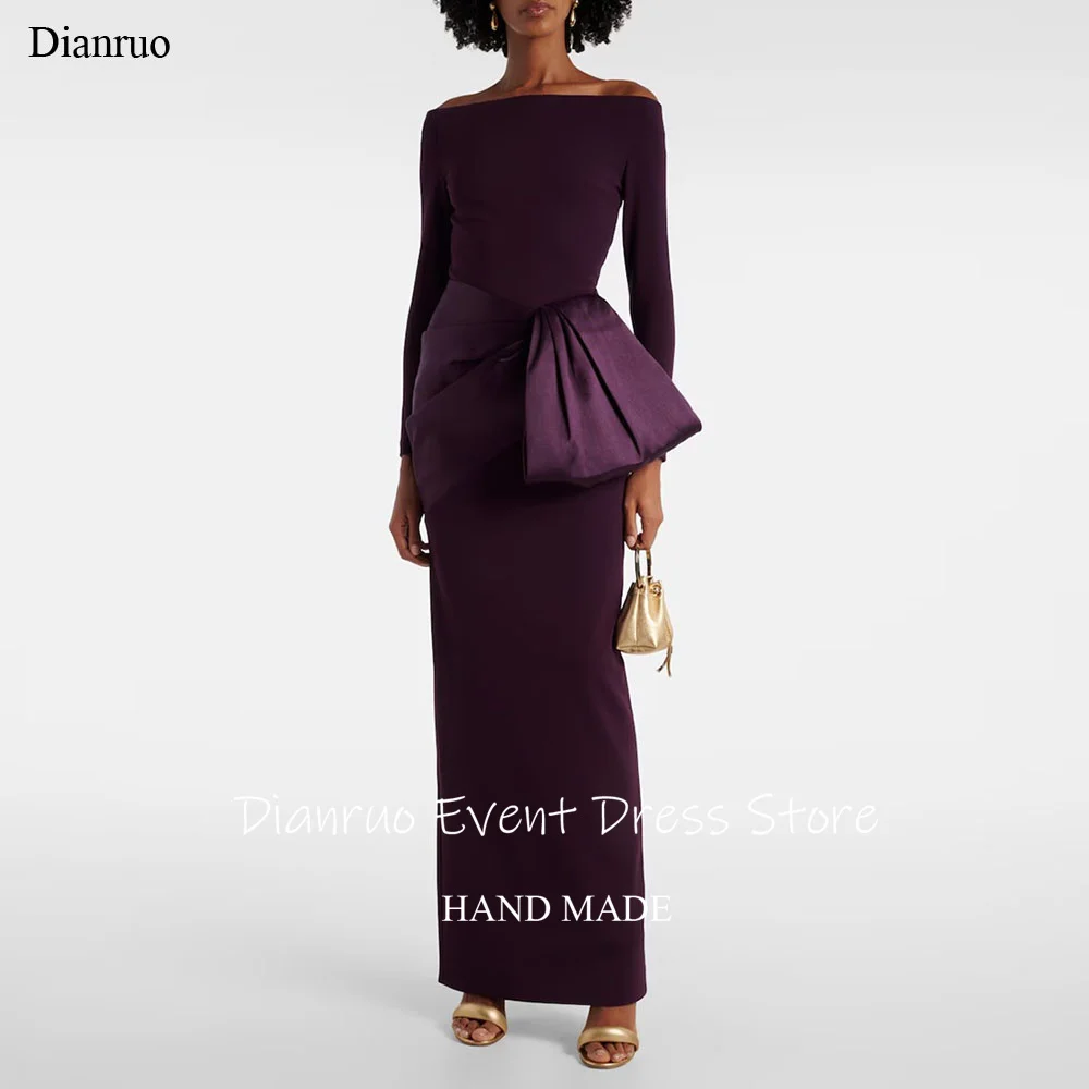 

Dianruo Purple Off Shoulder Evening Dress Satin Straight Pleated Vestidos De Fiesta Ankle Length Wedding Party Dress Customized