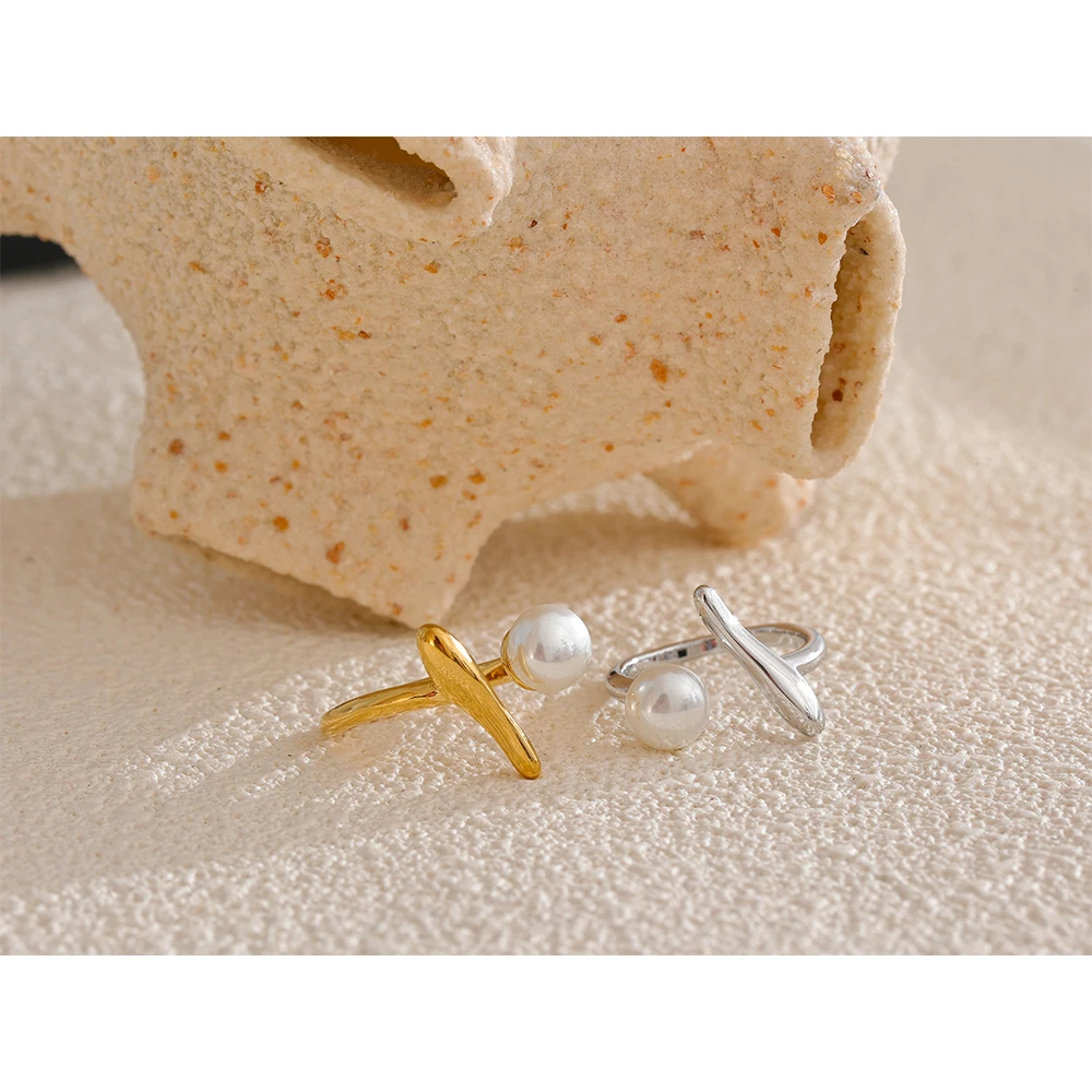 Yhpup Stylish Unique Design Imitation Pearls Geometric Chic Finger Ring 18K Gold & Platinum PVD Plated Daily Jewelry Wholesale