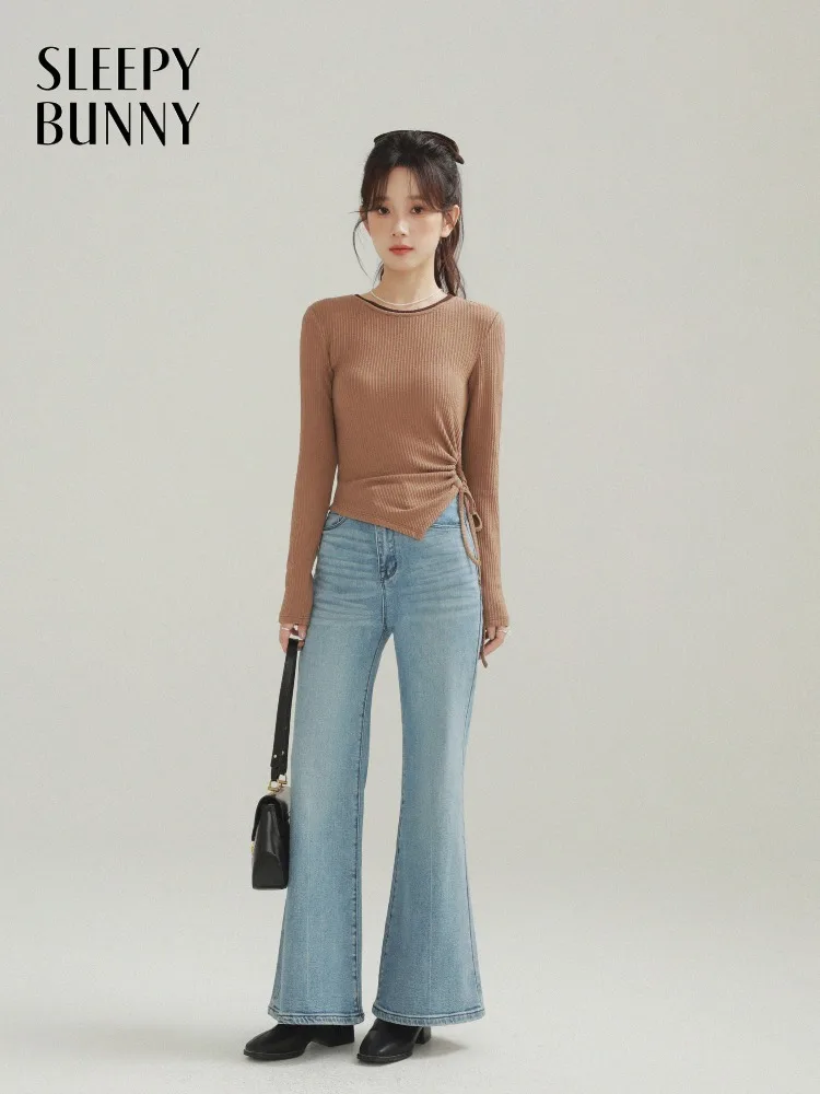 

Elegant Slim Fit Drawstring Long Sleeve T Shirt Top Asymmetrical Design Women Autumn Fashion Stretchy Ruched Tee for Casual Wear