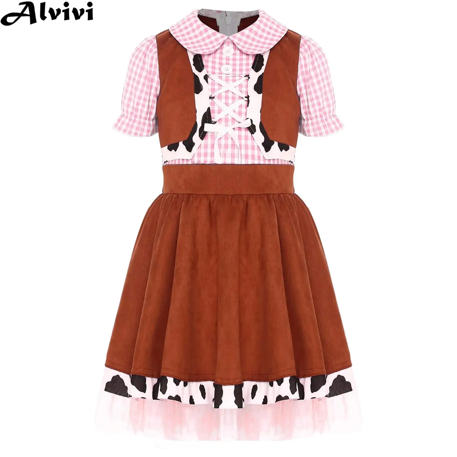 

Kids Girls Puff Sleeve Cow Print Gingham Mesh Tutu Cowgirl Dress Halloween Theme Party Carnival Western Cowboy Cosplay Costume