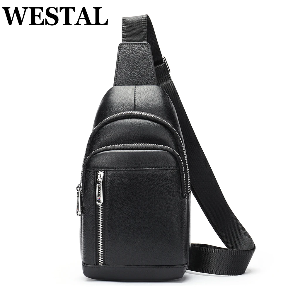 WESTAL Chest Bag Man Genuine Leather Business Shoulder Bags Husband Messenger Crossbody Pack Sling Bag Men Designer Bag Black