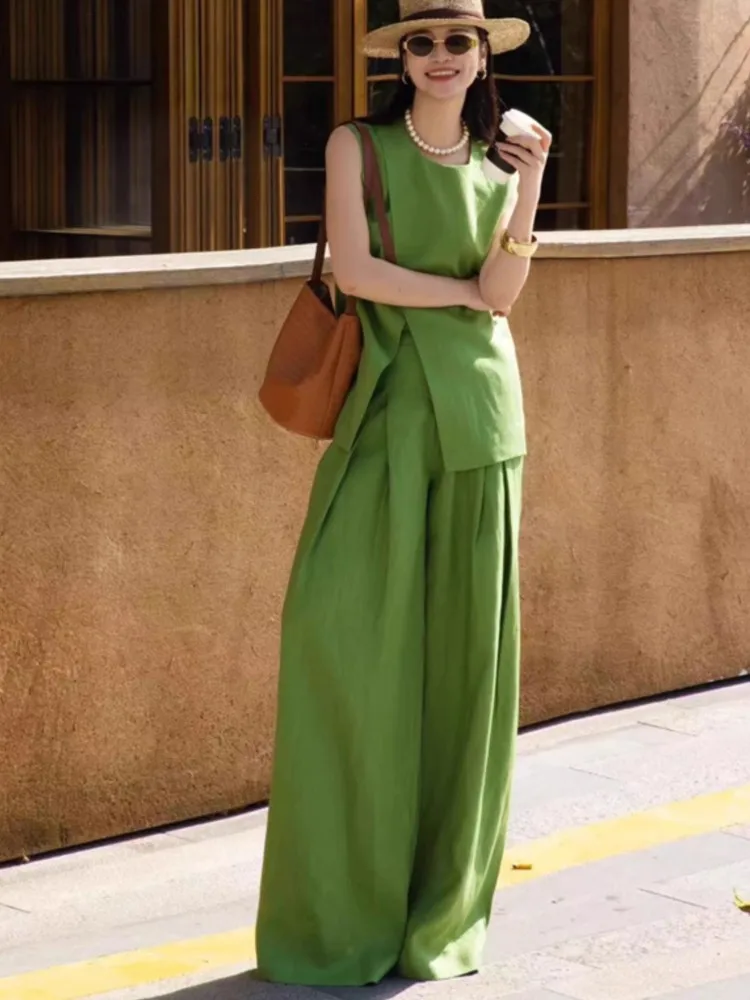 

Elegant Casual Korean Women's Two Pieces Sets Split O-Neck Sleeveless Vest Loose Wide Leg Pants Summer Fashion Basics Pant Suit