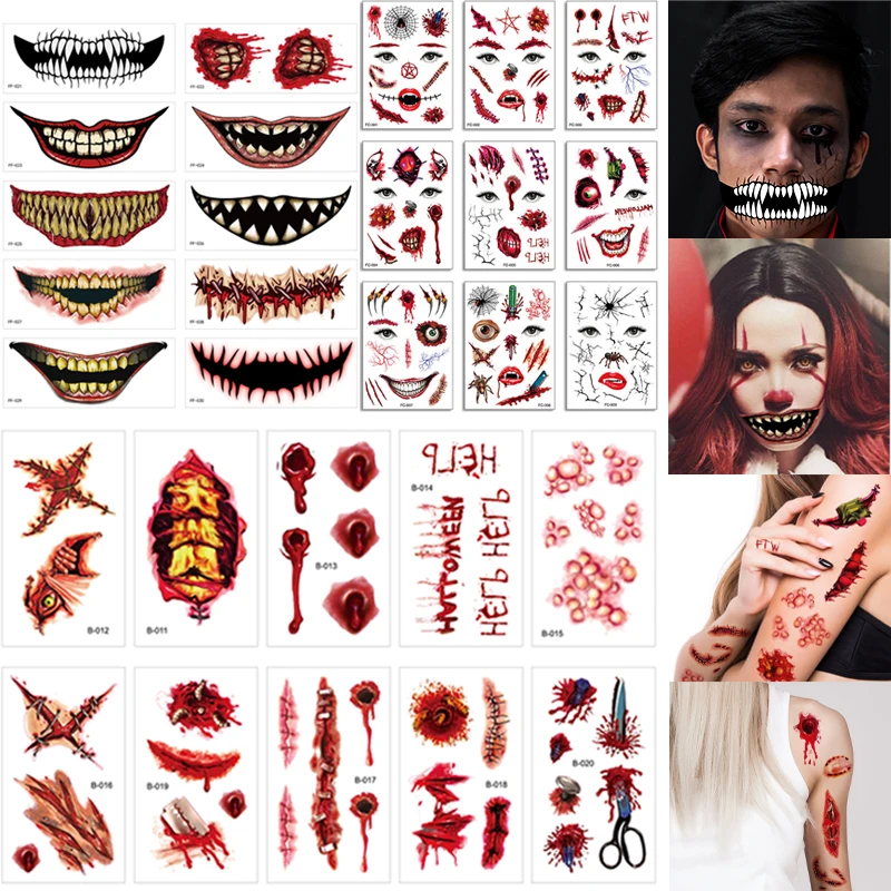 Halloween Tattoo Sticker Realistic Wounds Scab Fun Disposable Facial Tattoo Sticker Kids DIY Halloween Decor Temporary Tattoo