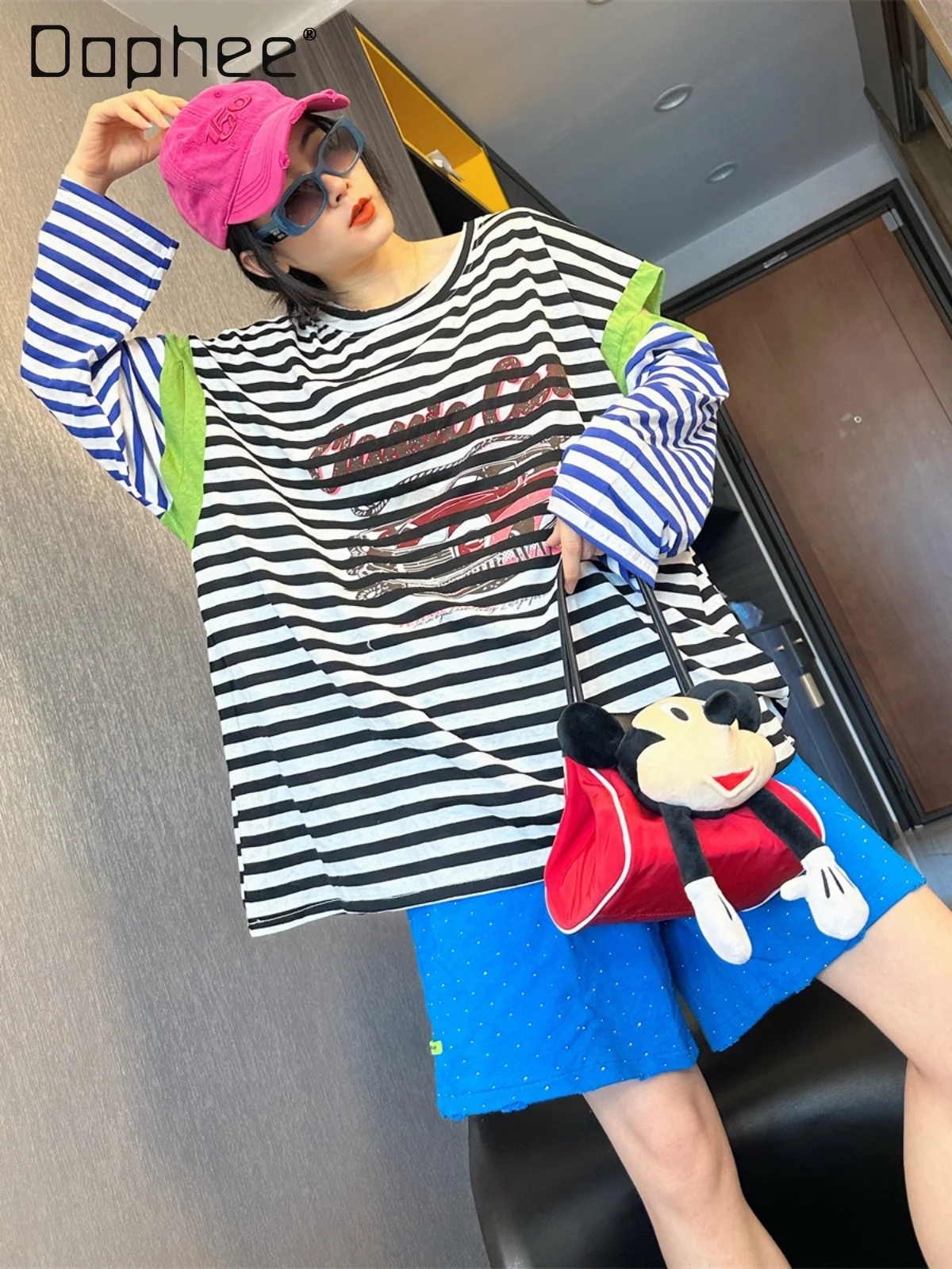 

Printed Striped Long Sleeve Oversized Sunscreen T-shirt for Women Summer New Contrast Color T Stitched Backless Casual Top