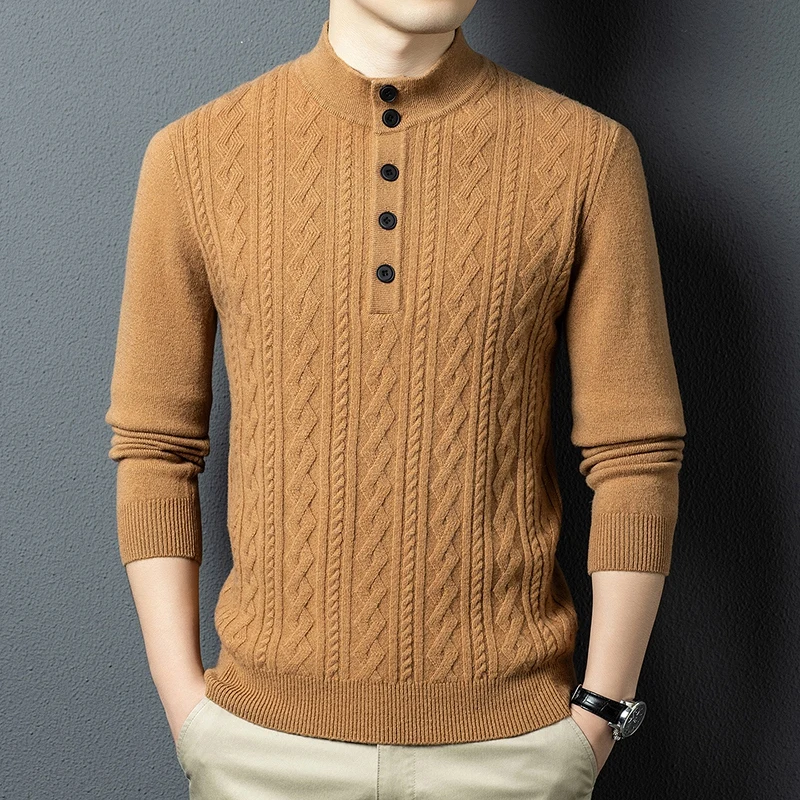 

Мужской джемпер из 100% кашемировой шерсти, зима 2025 года, теплый свитер с воротником-стойкой, витой свитер с длинными рукавами, модная одежда на пуговицах, топы из овечьей шерсти