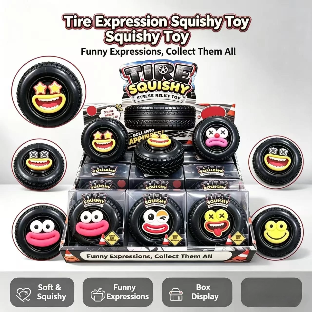 Building Block Cartoon Face Tire Squishy, Funny Simulation Fidget Toy, Soft Squeeze Stress Relief Anxiety Release Hand Toy