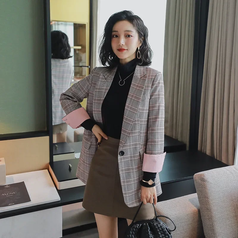 Women Vintage Chic Casual Blazer Work Clothing Grey Office Lady Long Sleeve Single Button Slim Suits England Style Plaid Blazers