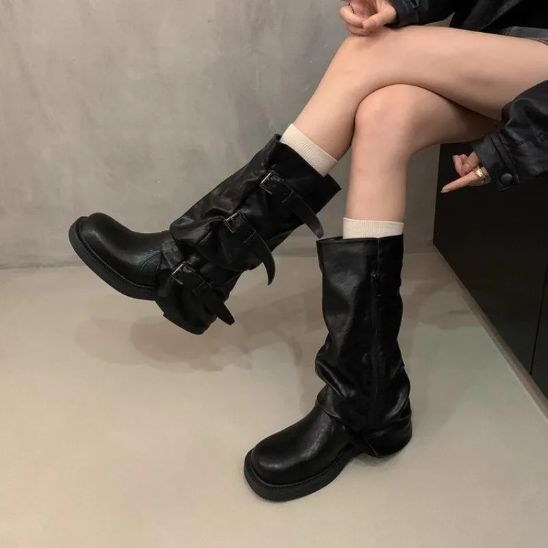 

New Style Women's Hot Sale Knee High Heels Low Heels Trend Punk Goth Rock Leather Fashionable Women Boots Motorcycle Shoes Boots