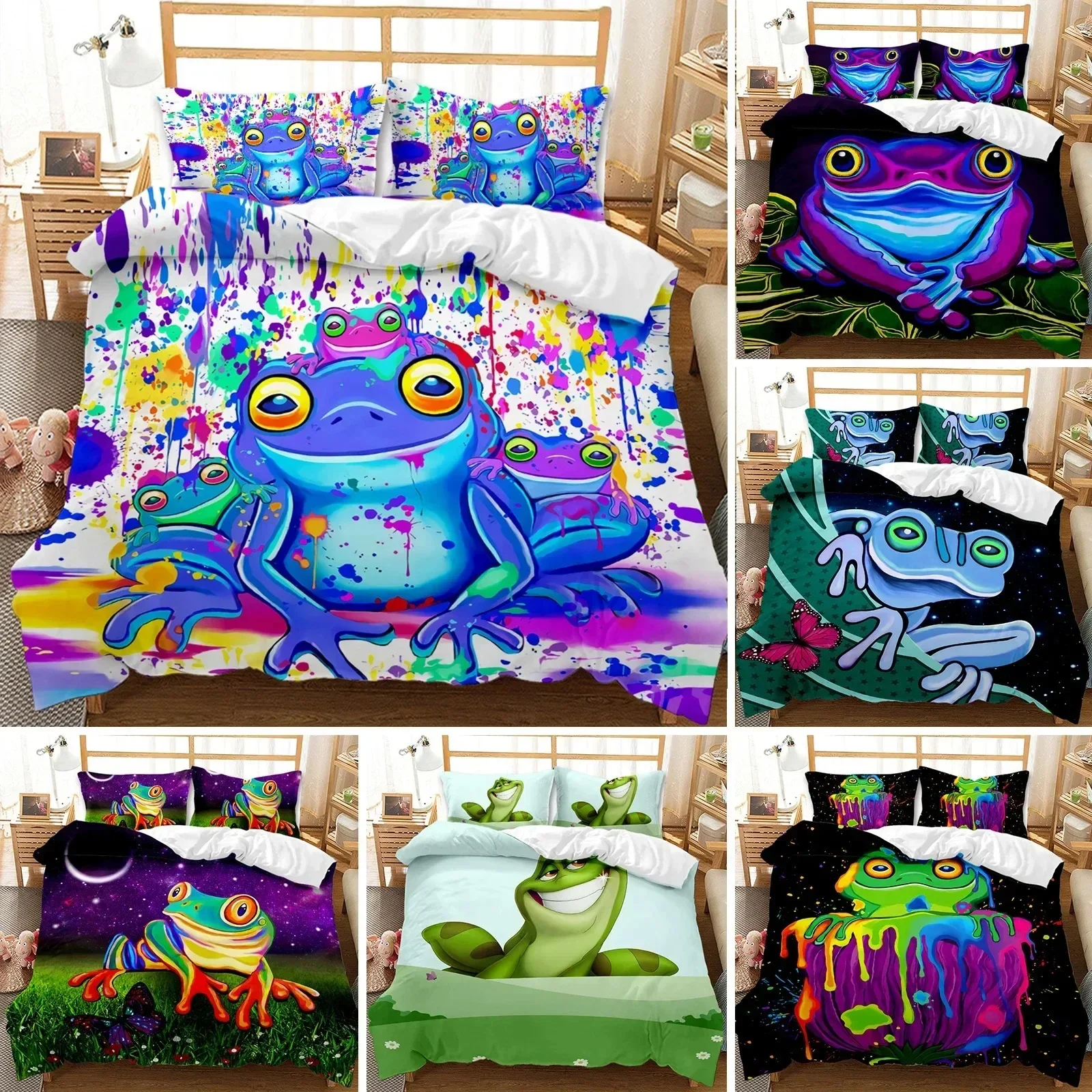 

Bedding Cartoon Frog Duvet Cover KingQueen Size Fantasy Galaxy Animal Colored Frogs Design Psychedelic Polyester Quilt Cover
