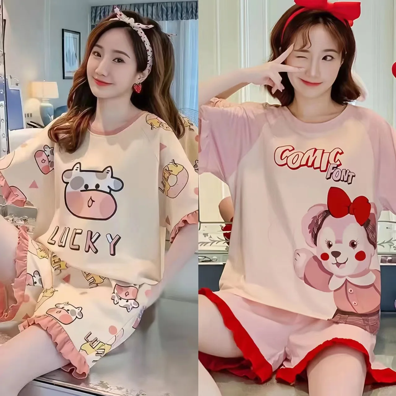 2Pcs Summer Pajamas For Girls Short-Sleeved Shorts New Cute Cartoon Ladies Student Shorts Homewear Suit Pajama Set Underwear Set