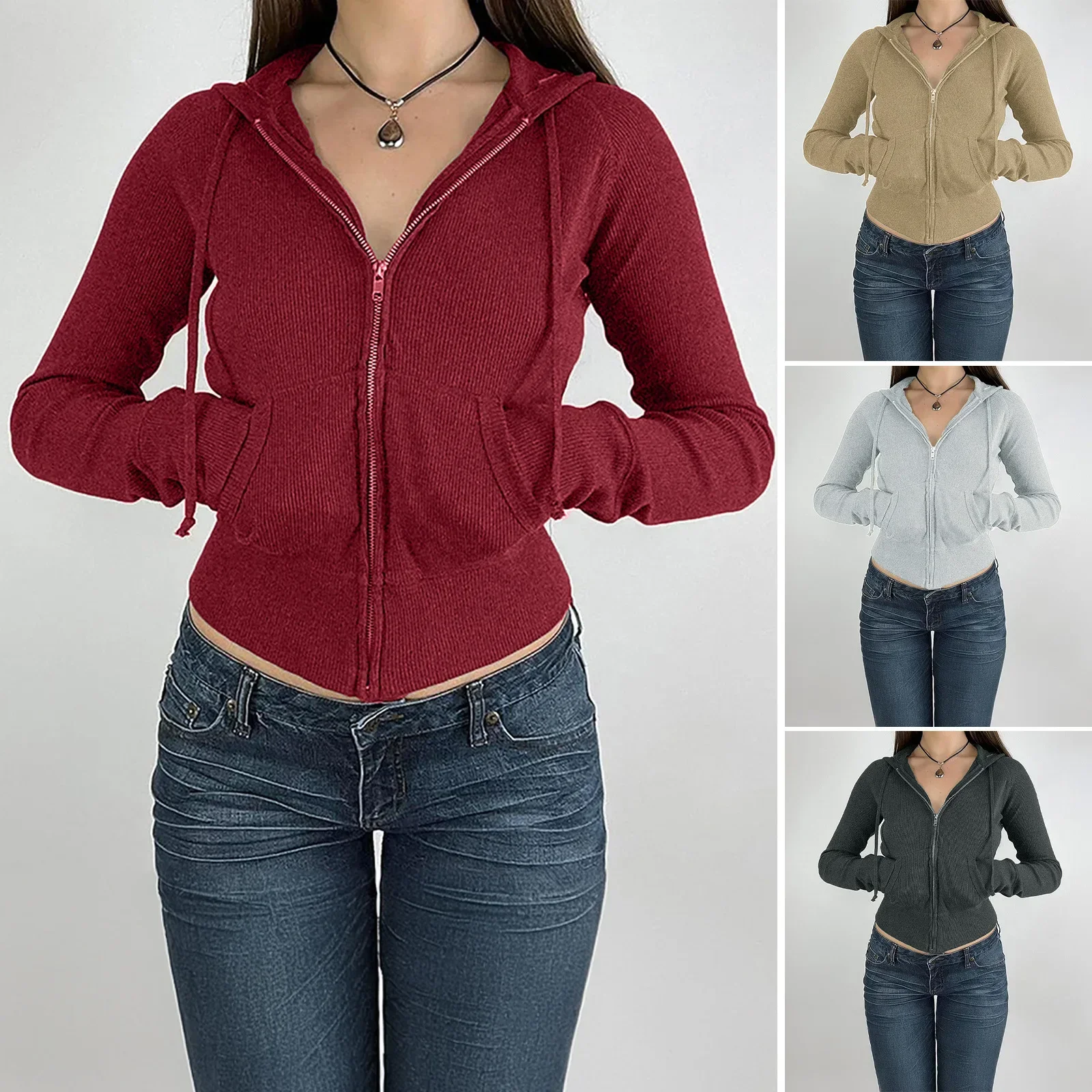

Pop New Spring Autumn Women's Jacket Female Solid Color Slim Fit Short Zipper Cardigan Lady's Drawstring Hooded Jacket Women Jac