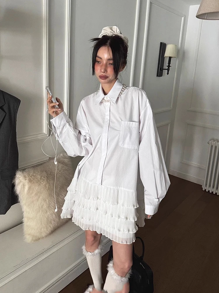 Estilo coreano primavera verão turn-down colarinho cor sólida emendado em camadas vestido mulher doce a linha vestido