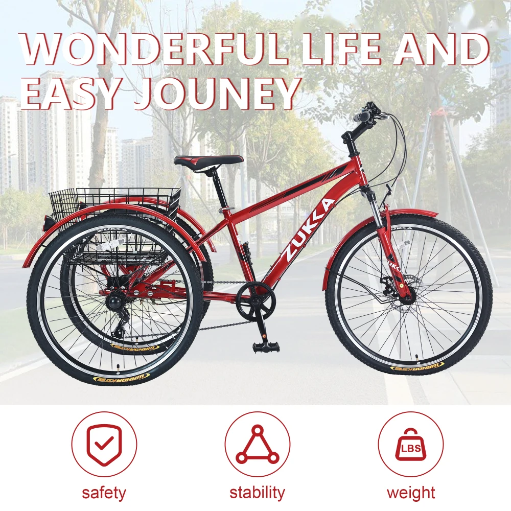 Adult Tricycle Bike,7-Speed  Mountain Tricycle,26-Inch 3 Wheels,Comfortable Widen Saddle,Rear Integrated Shopping Basket