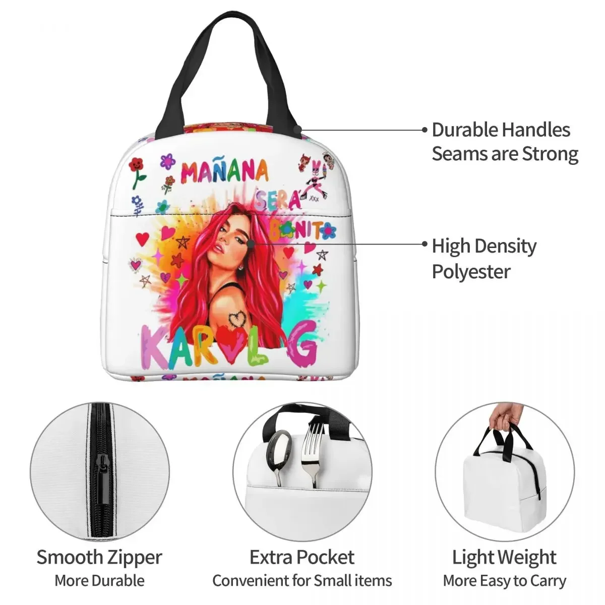 Karol G Bichota Music Singer Insulated Lunch Bags Cooler Bag Meal Container Leakproof Tote Lunch Box Food Bag School Travel