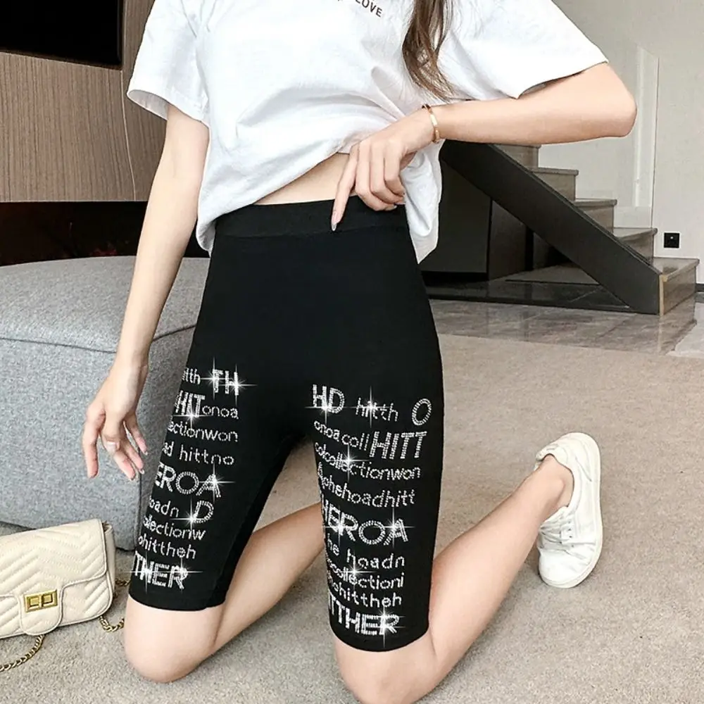Zircon Letter Hip Lift Yoga Shorts Elastic Tights High Waist Leggings Thin Abdominal Tightening Women Rhinestone Leggings