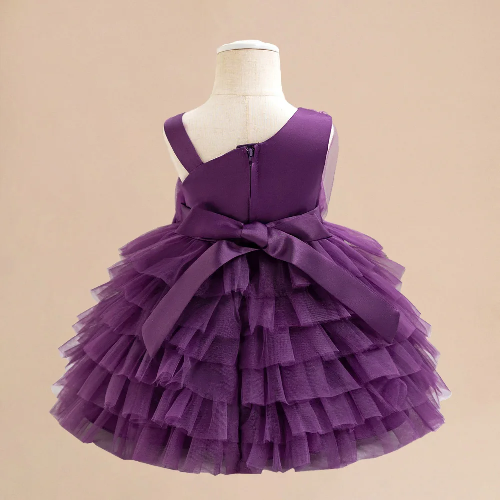 Elegant Girls Purple Vintage Dress Baby Girl Sleeveless Layered Dresses Toddler Fashion Evening Prom Gown Kids 1st Birthday Wear