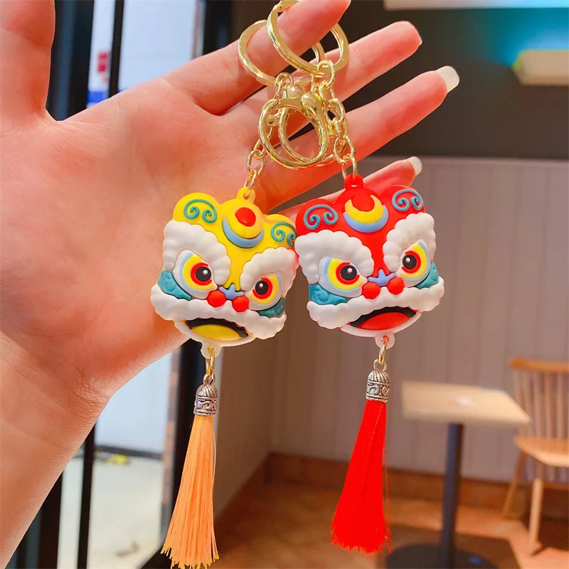 Creative Silicone Lion Dance Keychains Pendant Simple Chinese Style Lion Dance Tassel Key Chain Party Gift Key Ring