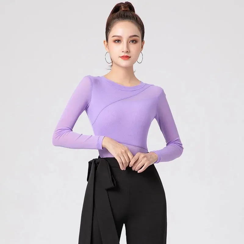 

Haute couture Latin dance top women's jumpsuit 2024 mid-year long-sleeved national Standard ballroom Modern dancer T-shirt