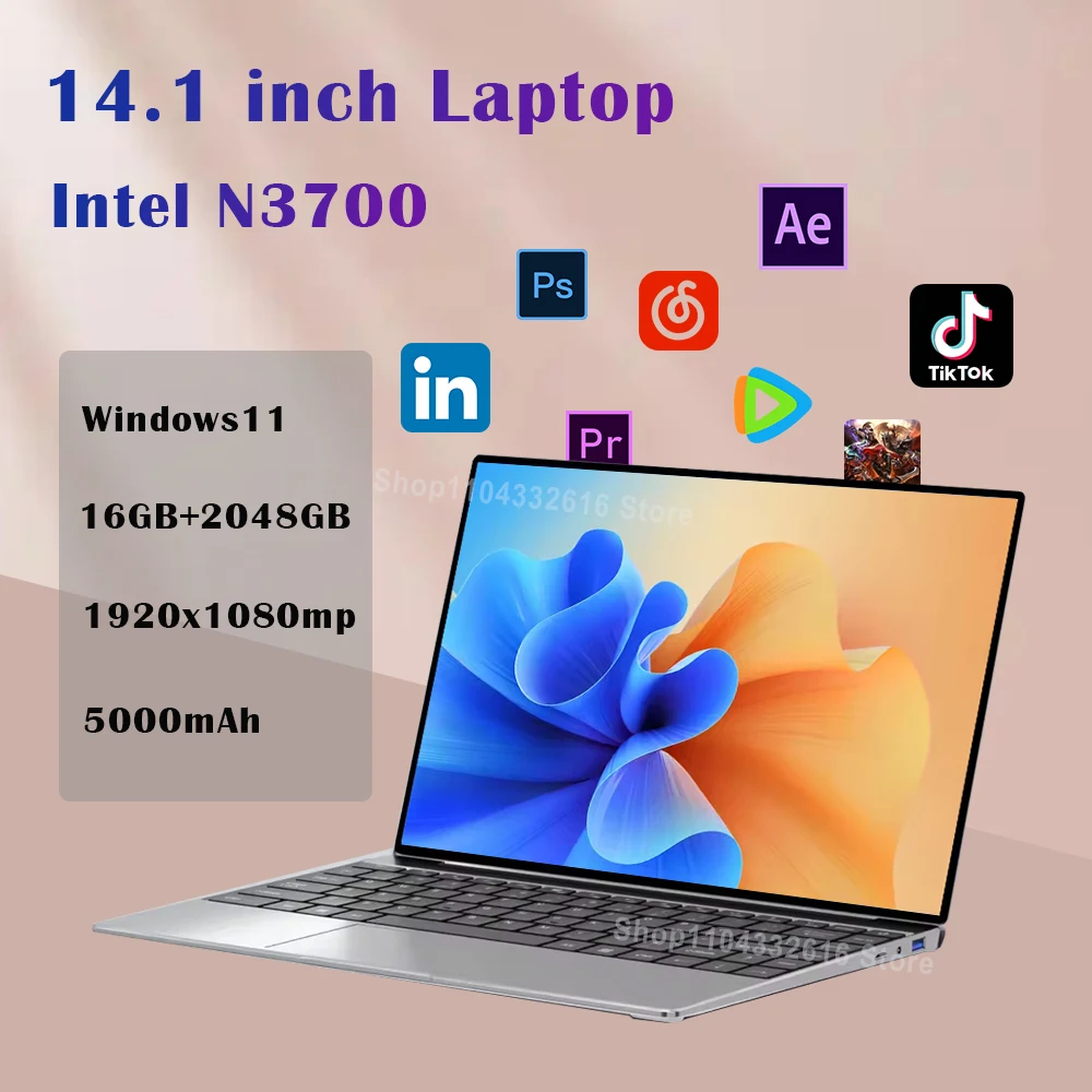 2025 Intel Pentium N3700 Laptop 14.1 inch Windows 11 16GB RAM Notebook 1920*1080 Resolution Unlock Computer Office Study gamer