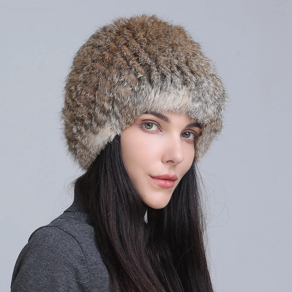 Rabbit Hair Twill Fur Hat for Women, Thick Yarn Knitted Pineapple Hat, Winter Warmth