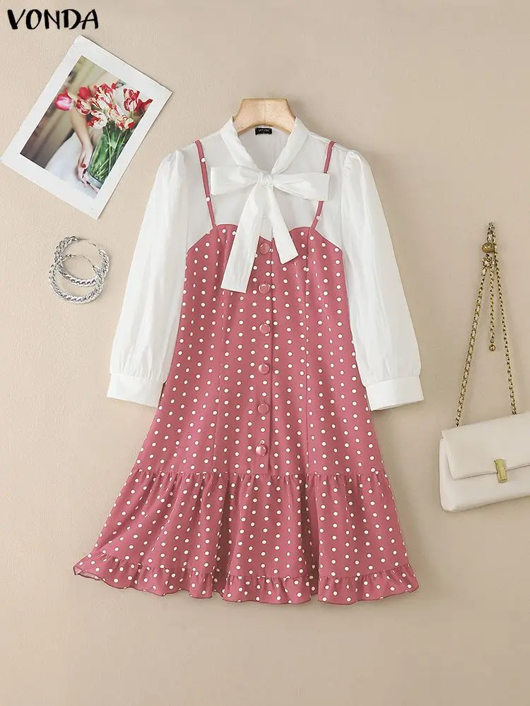 VONDA Moda Polka Dot Mini Coreano Patchwork Vestito 2025 Donne 3/4 Manica Colletto con fiocco Abiti corti Increspato Manica a sbuffo Vestito estivo
