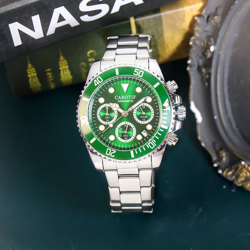 

Мужские серебристо-зеленые стальные ремешки, спортивные элегантные кварцевые часы с точечной линией и арабскими цифрами.