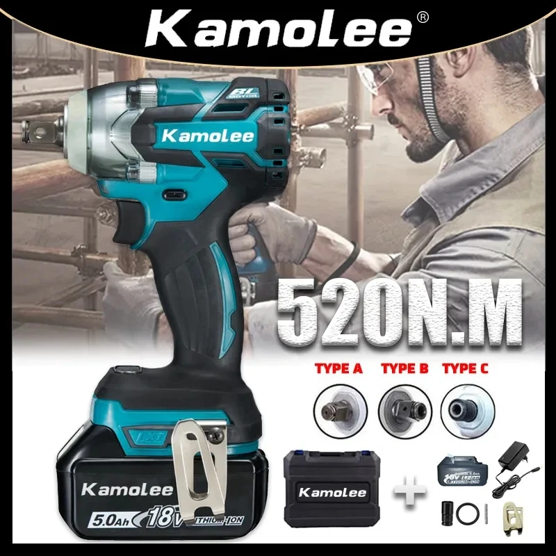 Kamolee 520N.M Brushless Cordless Electric Impact Wrench DTW285 Dual Function Power Tools Compatible with 18V Makita Battery