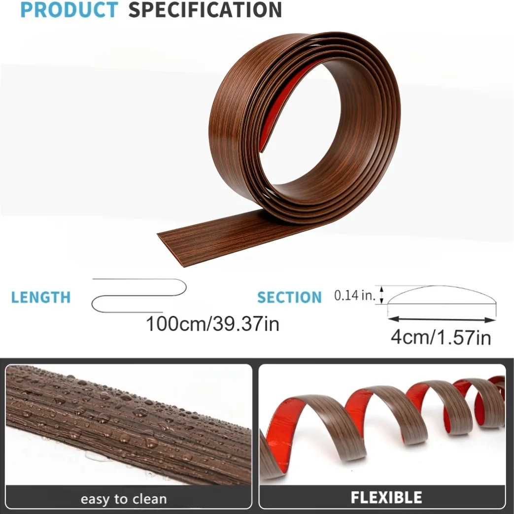 1pc Self-Adhesive Wood Grain Floor Edge Strip - Reusable, 100 cm / 39 inches, PVC for Carpet and Threshold Transition, Matte