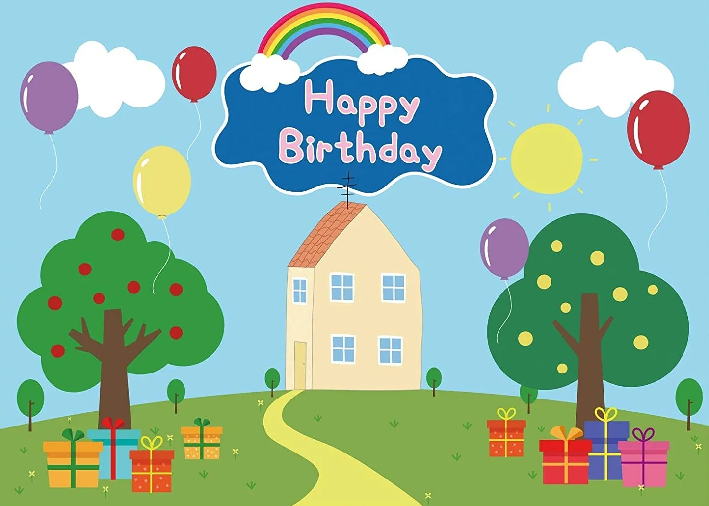 Primavera 1 ° compleanno Kid Background Baby Shower Tree Balloon Blue Banner Pig House sfondo Photozone Photography Vinyl