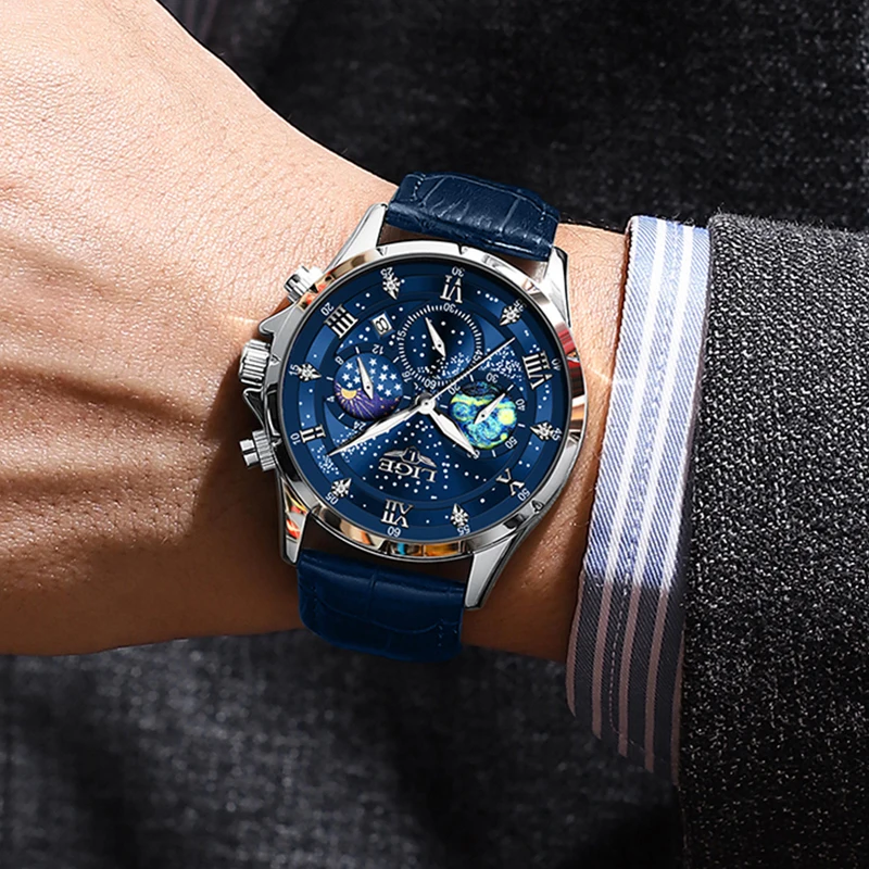 LIGE Luxury Leather Man Watch Quartz Calendar Waterproof Luminous Chronograph Mens Watch Moon Phase Outdoor Sports Men Watches