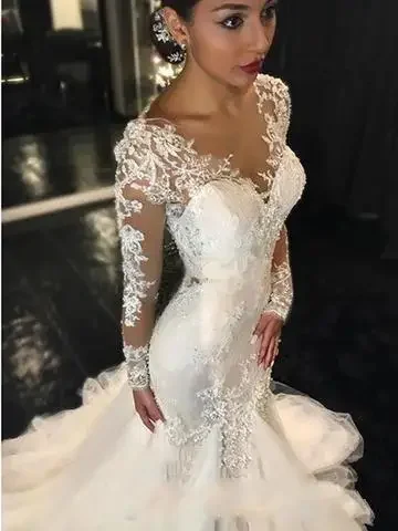 Customized Lace Mermaid Wedding Dresses Dubai African Arabic Style Petite Long Sleeves Natural Mermaid Bridal Gowns Plus Size