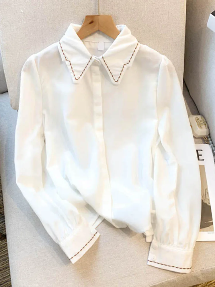 

Весна 2026: Женская повседневная рубашка с длинным рукавом в корейском стиле, свободного кроя, с пуговицами, комбинированная, однотонная.