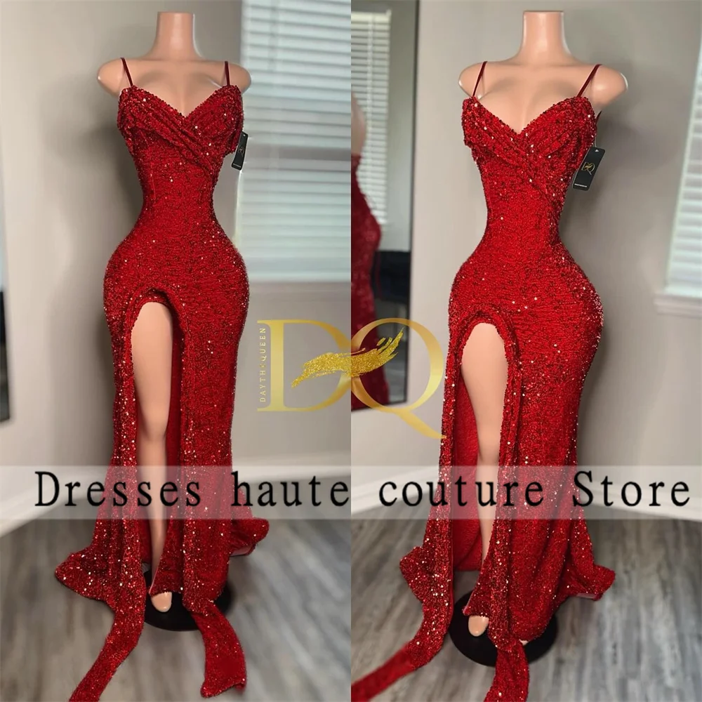 

Sexy Sparkly Red Sequins Prom Dress 2024 Straps Glitter Crystal Gown Side Slit Party Dress Wedding Reception Bridemaid Gowns