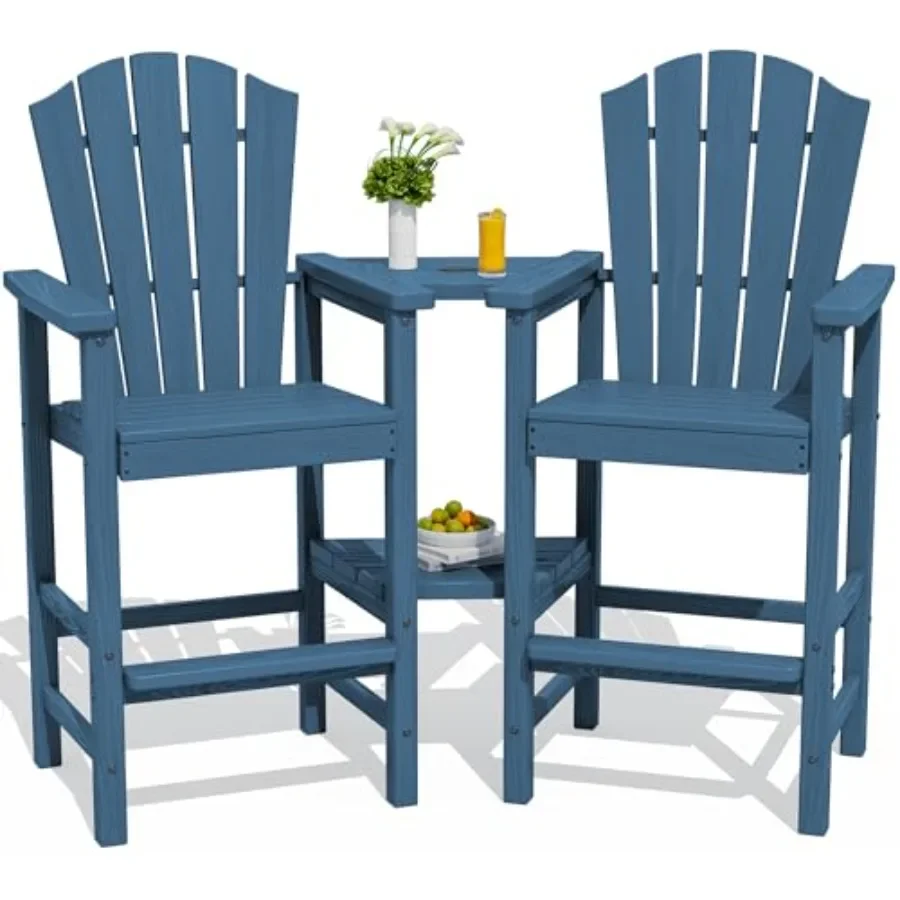 Tall Adirondack Chair with Double Connecting Trays for outdoor use, made of weather-resistant polywood in classic navy blue wit