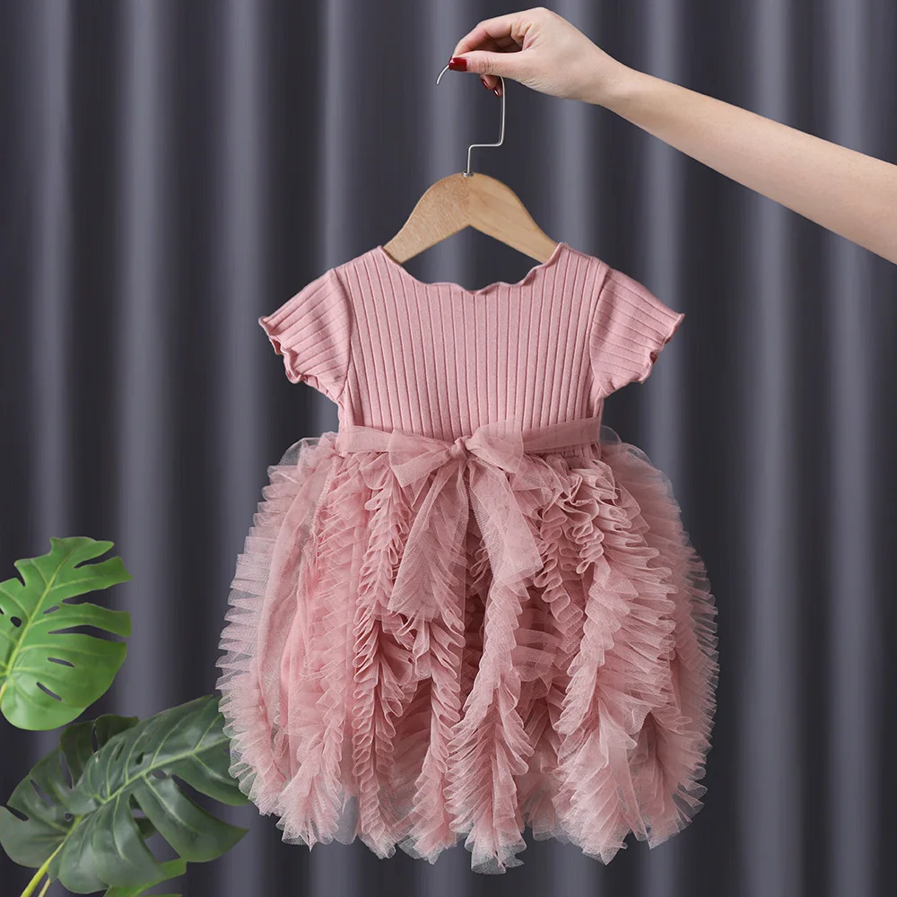 2023 Summer Style New Arrival Short Sleeve O Neck Ruffles Pink Girls Designer Cute Party Childern Dress Custume 18M-6T