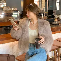 New Solid Color Imported Imitation Fox Fur V-neck Young Short Jacket Women's Fur Fur Toka Small Fragrance Style