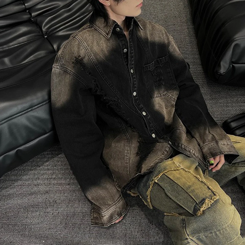 Korean High Street Fashion Washed Gradient Hip-Hop Trend Ripped Old Denim Jacket Loose Large Size Casual Retro Jacket For Men - Image 3