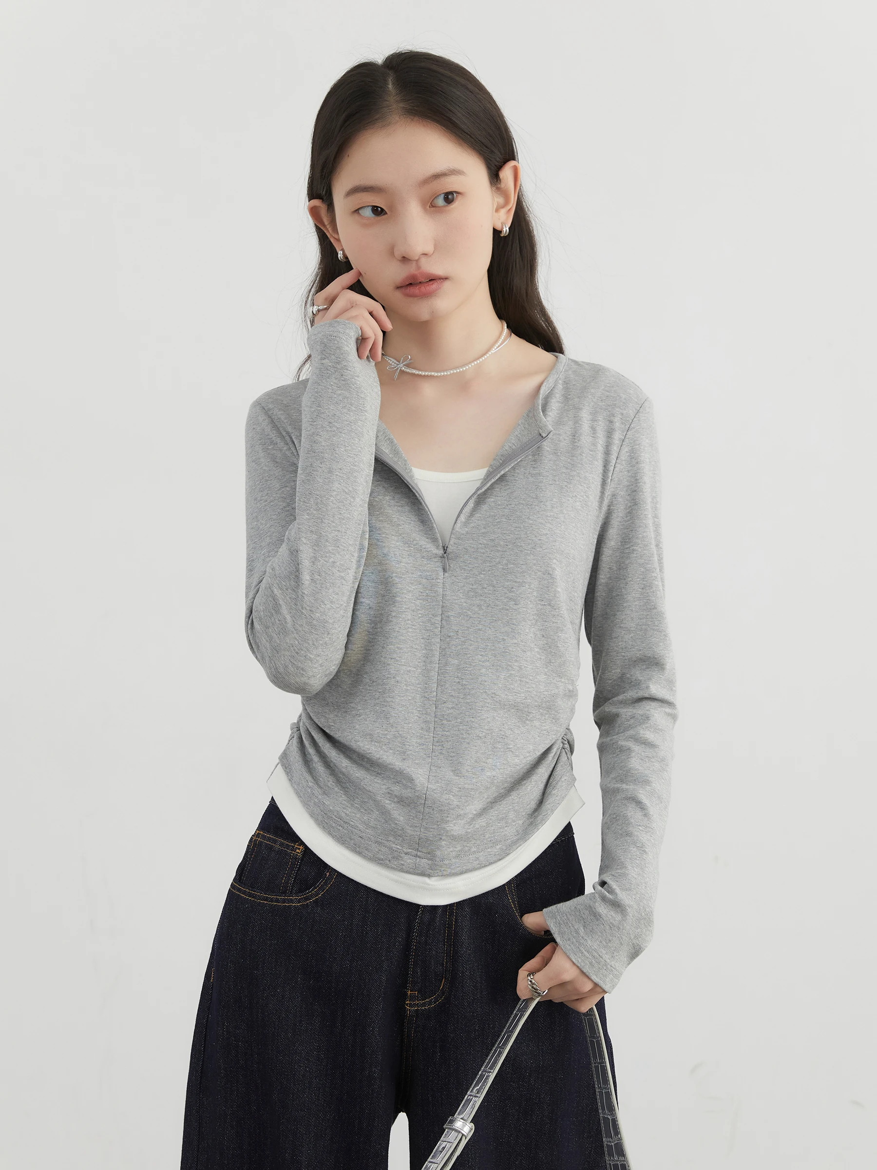 CHIC VEN Women T-Shirts Casual O Neck Slim Contrasting Pleated Knit Tees with Half Zipper Female Top Pullover Spring Summer 2025