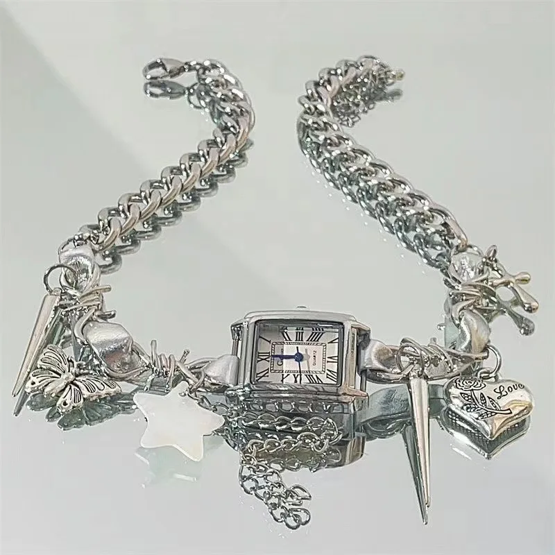 Y2K Cyber Punk Leather Watch Pendant Stainless Steel Choker Collar Gothic Butterfly Star Charm Necklace For Women Jewelry