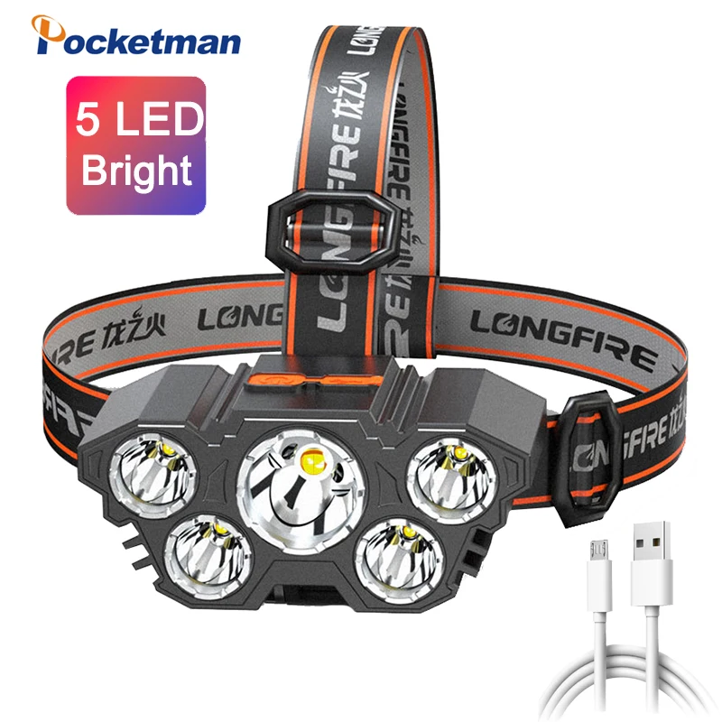 Powerful 5 LED Headlamp USB Rechargeable Headlamps Waterproof Headlight Head Torch Outdoor Portable Head Lamp New