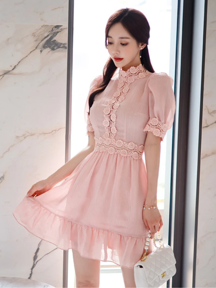 

Summer Sweetness Girly Gentle Mini Dresses for Women Pink Chiffon Lace High Waist Ruffle Short Gown Female Party Date Vestidos