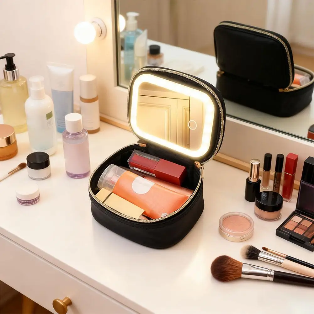 

Зеркало 3-цветное освещение ﻿ Перезаряжаемая дорожная косметичка со светодиодным зеркалом, компактный сенсорный экран, настольная косметика