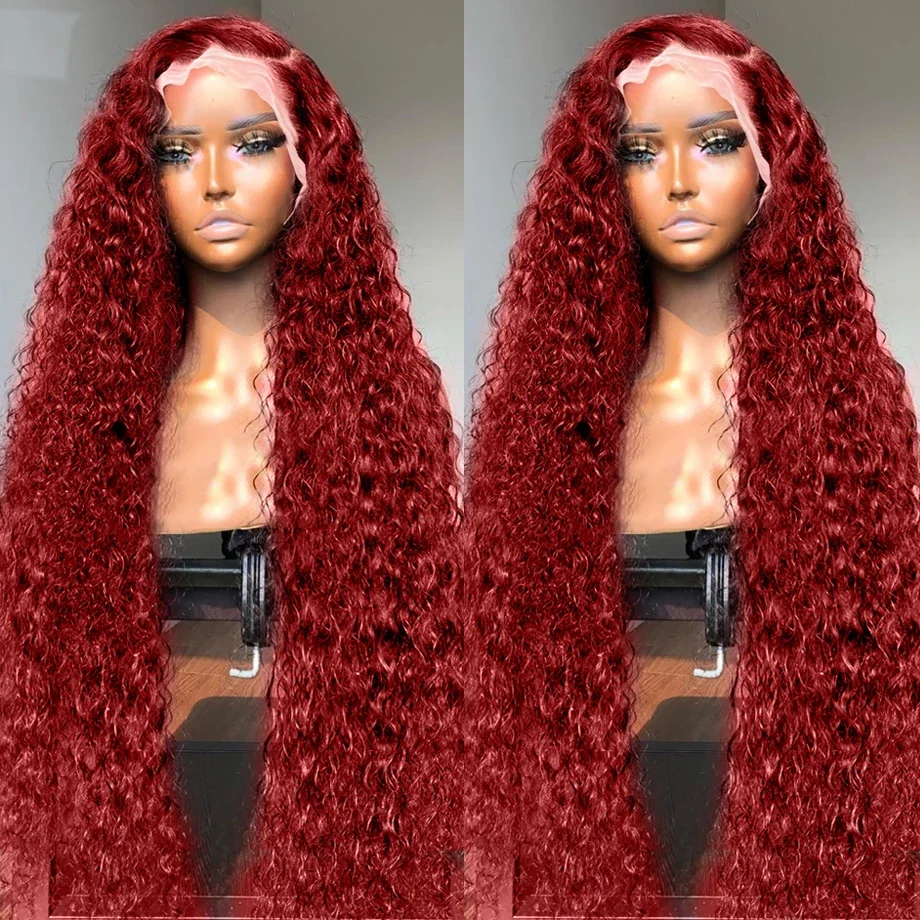 

34 inch Colored Burgundy 13x6 Lace Frontal Human Hair Wig Deep Wave Wig Curly Water Wave Lace Front Wig Brazilian Wigs