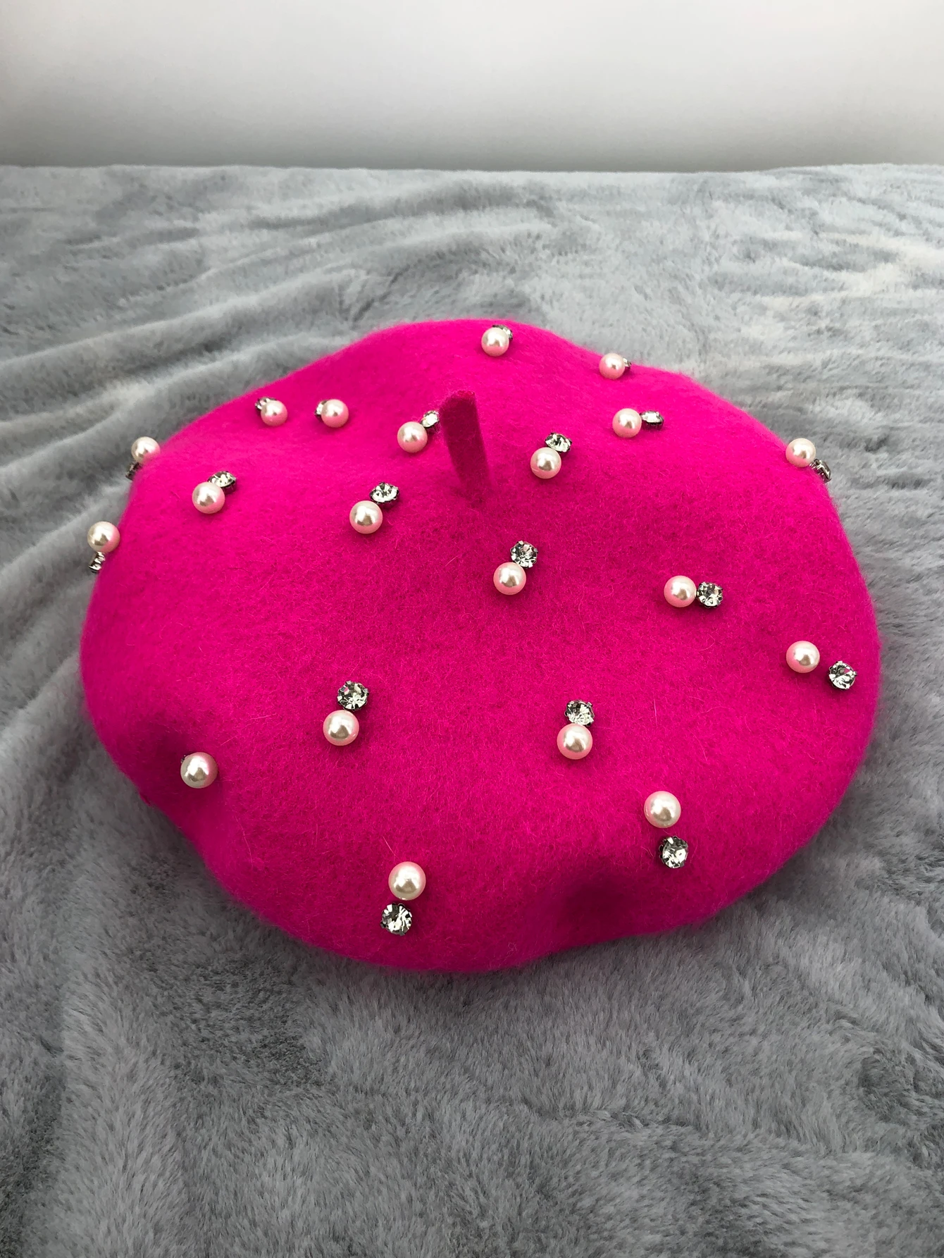 Women Solid Pink White Fuchsia Pearls Rhinestones Wool Beret Ladies Crystals Painter Hat Warm Winter Hat With Stones