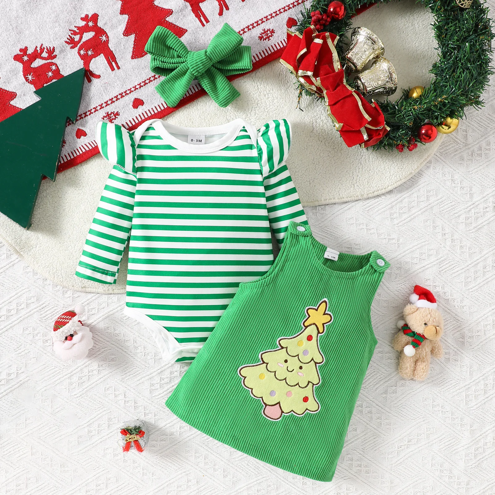 3Piece Autumn Newborn Baby Girl Outfit Set Cartoon Christmas Tree Dress+Stripe Long Sleeve Tops+Hair Band Toddler Clothes BC052