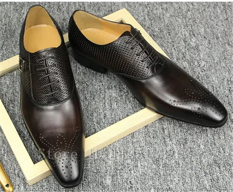 Exquisite Men's Shoes Handmade Genuine Leather Black Brown Lace Up Metal Buckle Elegant Casual Business Office Men's Shoes