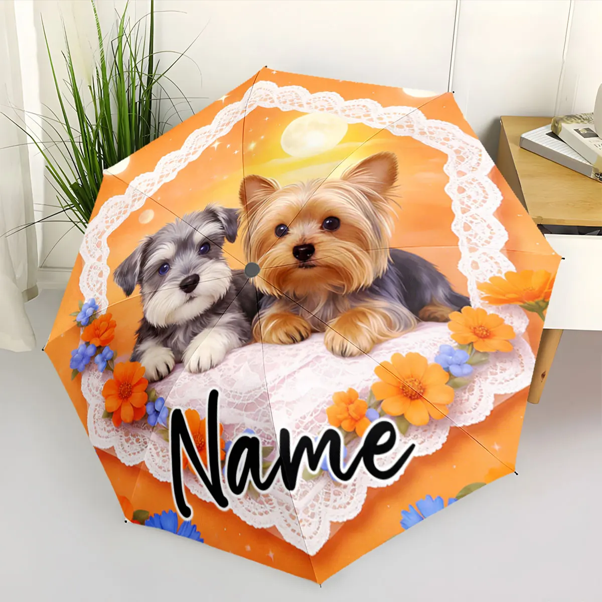 Custom Name Adorable Puppies Themed Umbrella with Floral Decor Print 8 Iron Ribs Folding Umbrella Auto-Open Fashion Sunshade