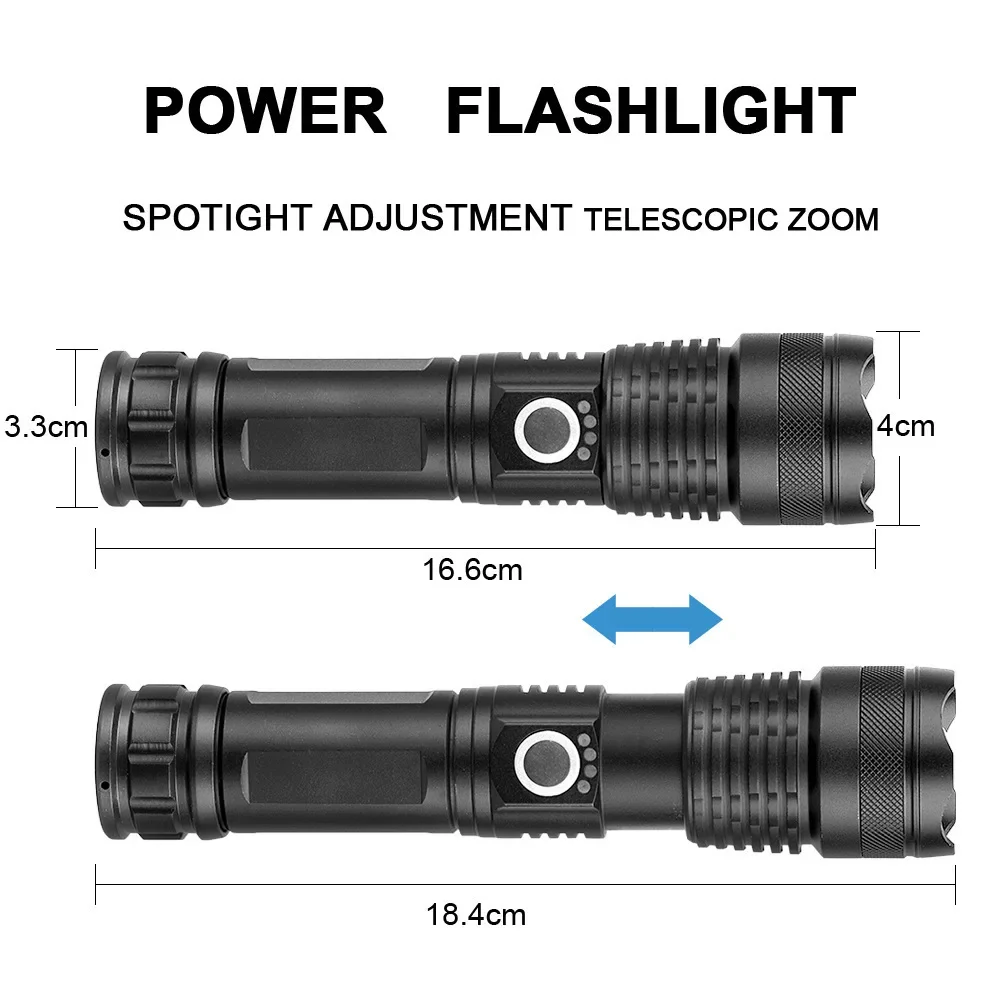 휴대용 LED 손전등, USB 충전식 조명, 고출력 전술 모드 토치, 방수 야외 캠핑 비상, 10000LM P50